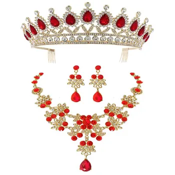 

New Luxury Shining Crystal Tiaras and Crowns Pendant Necklace Stud Earrings Bride Noiva Wedding Hair Jewelry Sets FORSEVEN