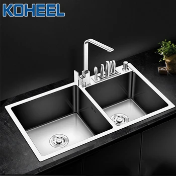 

KOHEEL Kitchen Sink Handmade Brushed Stainless Steel Kitchen Sinks Double Bowl Above Counter Or Undermount Wastafel FKS02-1
