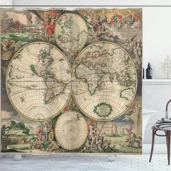 

World Map Shower Curtain Antique Design with Renaissance Continents and Hemispheres Vintage Art Cloth Fabric Bathroom Decor Set