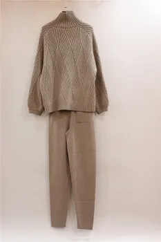 

Luxury two pieces 45% cashmere + 30% wool suits female high collar Lantern sleeve mink cashmere Knit tops + wool pant sets