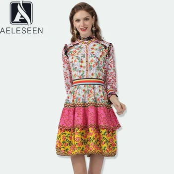 

AELESEEN Summer Fashion Runway Dress Women's Long Sleeve Pattern Floral Printed Ruffles Cascading Party Elegant Short Dress