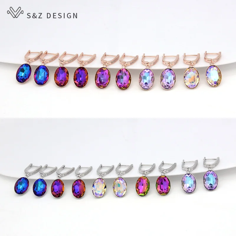 S&Z DESIGN New Fashion Egg Shape Oval Crystal Dangle Earrings For Women Wedding Classic 585 Rose Gold Color Jewelry
