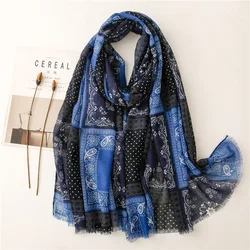 Navy Blue Cashew Nut Floral Patchwork Fringe Viscose Shawl Scarf High Quality Wrap Pashmina Stole Cover-up Muslim Hijab 180*90Cm