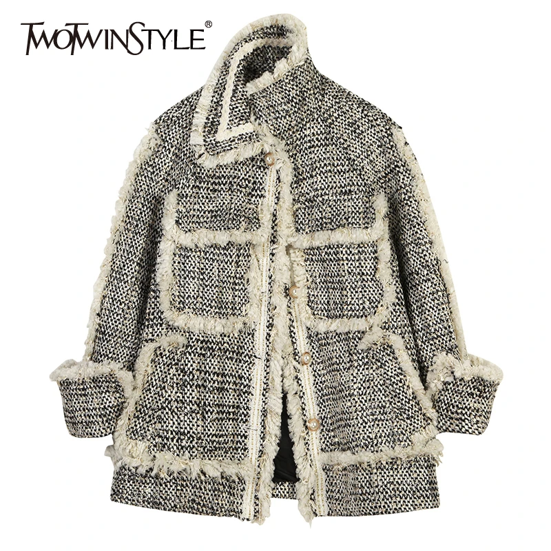 

TWOTWINSTYLE Loose Fit Black Plaid Tweed Tassels Woolen Coat Parkas New Long Sleeve Women Fashion Tide Autumn Winter 2019