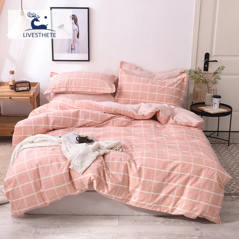

Liv-Esthete Fashion Grid Pink 100% Cotton Bedding Set Soft Duvet Cover Flat Sheet Double Queen King Bed Linen Set Pillowcase