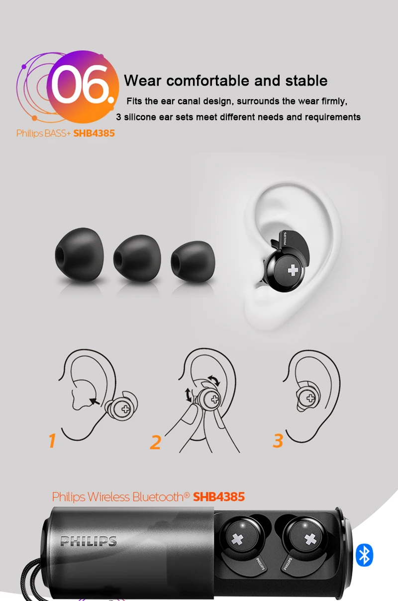 Philips Wireless Headset SHB4385 with Bluetooth 4.1 Lithium Polymer Volume Control Earphone for Galaxy Note 8 Huawei Xiaomi