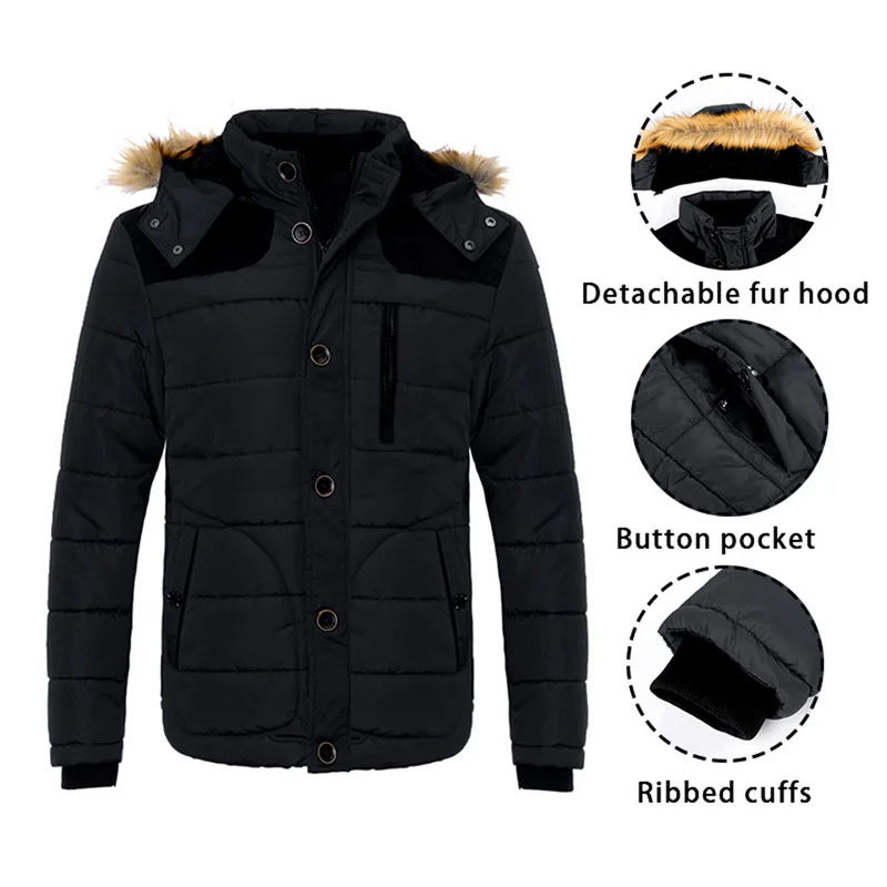 Мужская Повседневная теплая куртка на молнии, Мужская модная куртка со съемным меховым воротником, толстая Мужская куртка с капюшоном, зимняя куртка для мужчин размера плюс