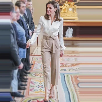 

Women top and pant two piece set outfits new 2020 spring summer elegant white shirts + sashes pants elegant office OL suits