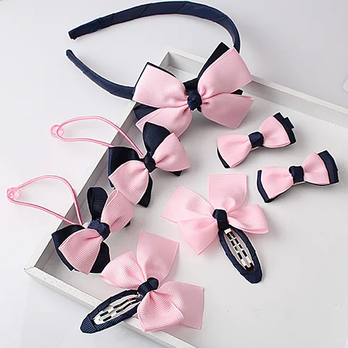 Navy Blue hairband Аксессуары для детей прекрасный Головные уборы лук для клеевой повязка для волос, заколки с повязками для волос, для маленькой девочки, 1 набор = 7 шт - Цвет: Navy Blue hairband