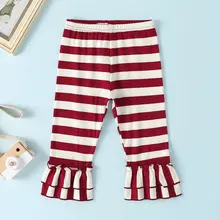 Расклешенные брюки для маленьких девочек; милые повседневные весенне-осенние расклешенные штаны в полоску с кружевом; Новинка