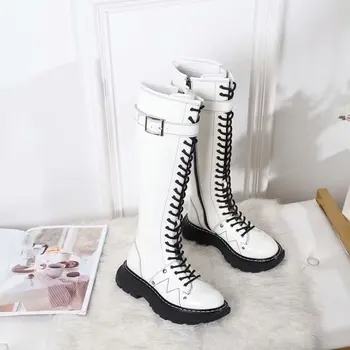 

Mid-Calf Boots Women Side Zipper Round Toe Leather Shoes Woman Belt Buckle Winter Platform Ladies Shoes Lace Up Motorcycle Boots
