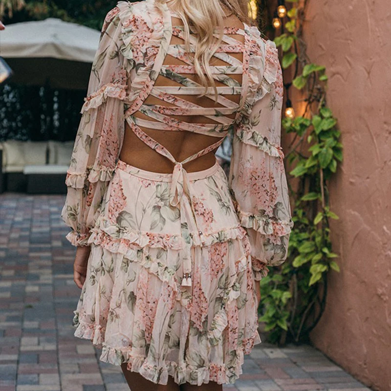 Koop Parijs Meisje Zomer Strand Mini Jurk Vrouw Spaghetti Band Kruis Backless Sexy Diepe V Print Bodycon Vestidos Mode Korte Jurk