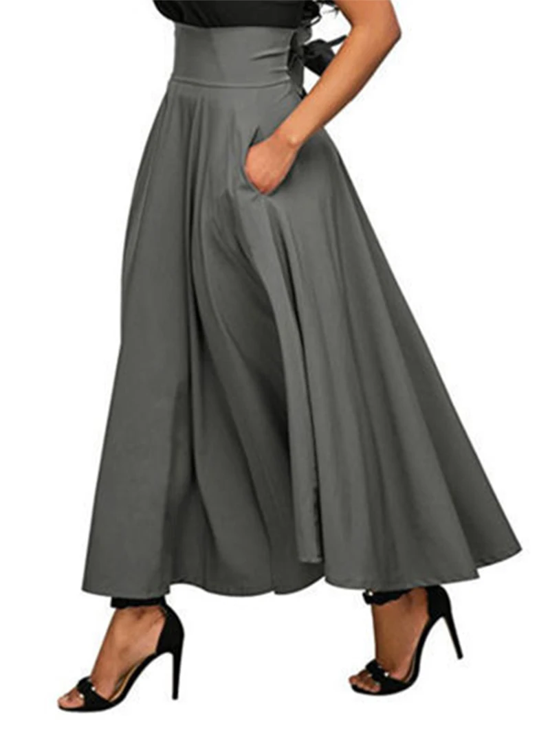 Long Skirt Women 2020 Fashion Waist Tie Solid Summer Skirts for Women Elegant Party Pleated Ladies Female A-line Skirts  (1)