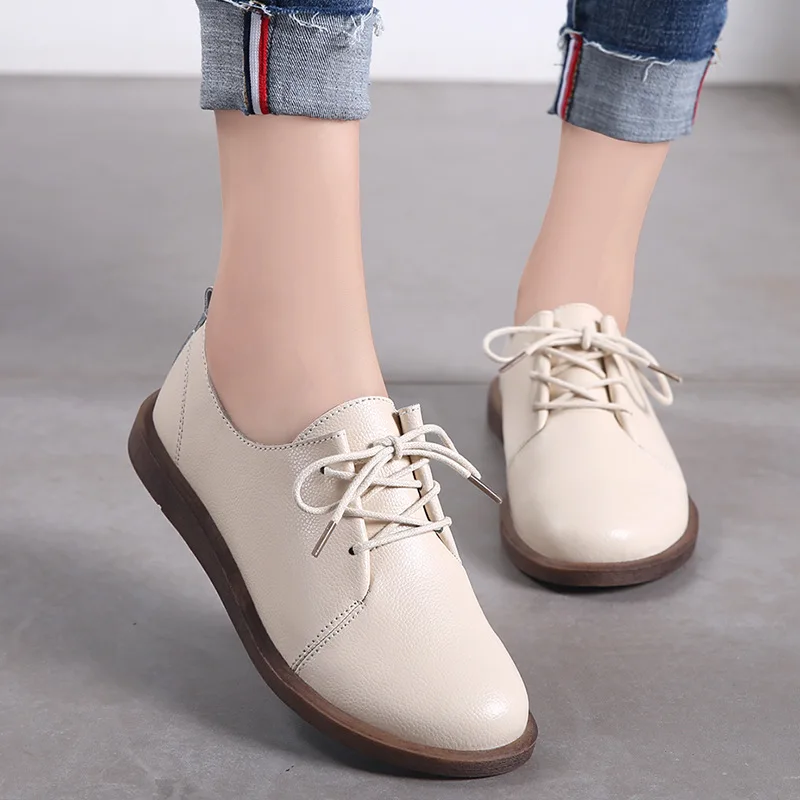 PEIPAH 2020 Women's Spring/Autumn Shoes For Women Genuine Leather Casual Round Toe Flats Female Lace Up Solid Oxford Shoes Donna
