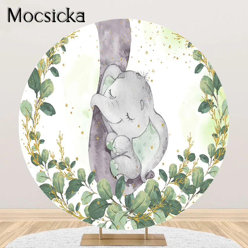 

Mocsicka Green Leaves Elephant Backdrop for Boy Baby Shower Nature Plants Elephant Party Decorations Round Elastic Circle Cover
