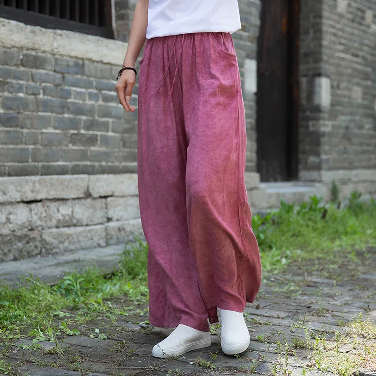 Johnature 2020 Autumn New Full Length Retro Elastic Waist Tie Dye Wide Leg Pants Loose Comfortable All-match Women Lace Up Pants