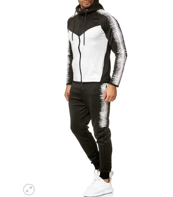 DIHOPE men s casual sports suit striped print sports suit zipper hood sports suit 2019 new 2