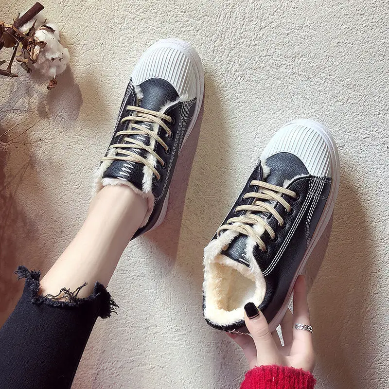 

Plus Velvet White Shoes Women's Young STUDENT'S-Style Leather Plush Cotton-padded Shoes Furry Flat Warm Lower-cut Casual Shoes W