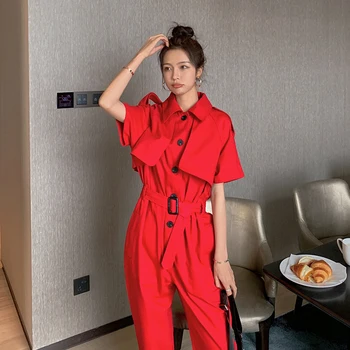 

2020 autumn high-waist short-sleeved shirt jumpsuit fashion women streetwear hip-hop plus size overalls jumpsuit overalls