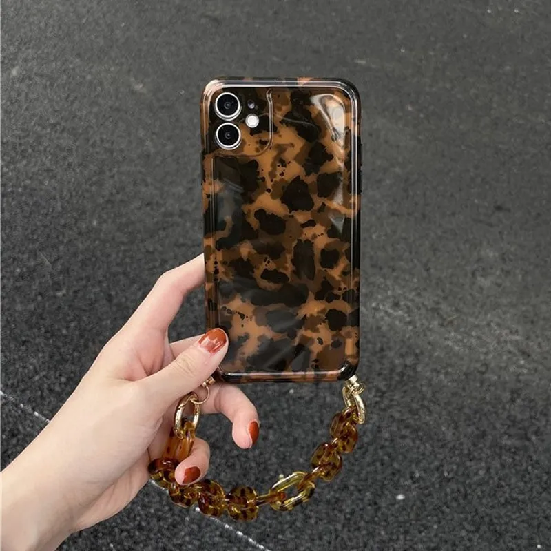 Винтажный Янтарный леопардовый чехол с браслетом и цепочкой для iPhone 11 12 Pro Max 12MiNi 7