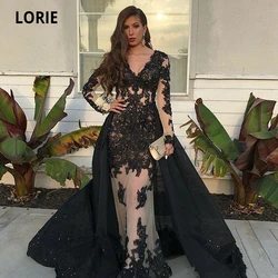 LORIE 2020 Classic Black Mermaid Evening Dresses with Detachable Train V Neck Long Sleeve Illusion Bodice Appliques Prom Gowns