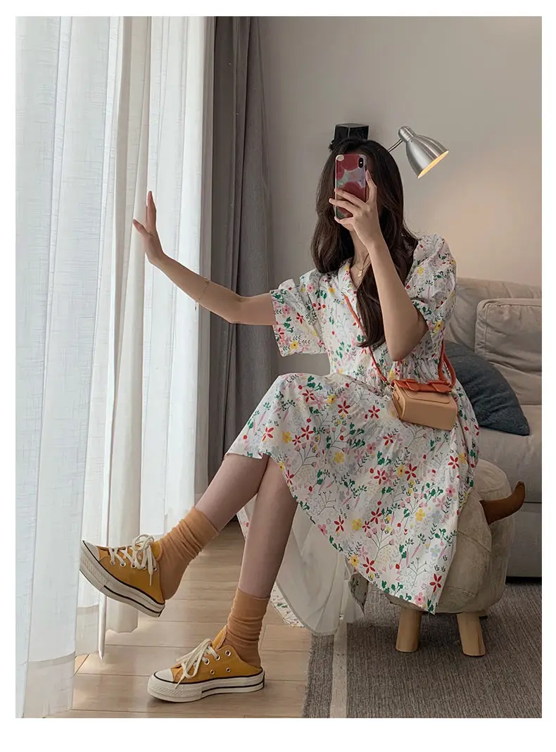 Dresses Women Summer Kawaii Japanese Style Floral Empire Turn-down Collar Female Sweet College Folds All-match Casual Loose Chic bodycon dress