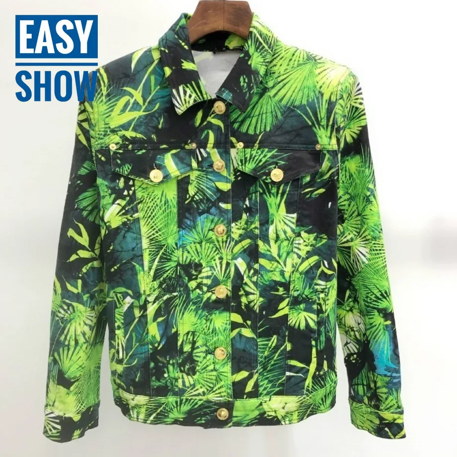 V413 Green beach style pine print denim jacket|Jackets| - AliExpress