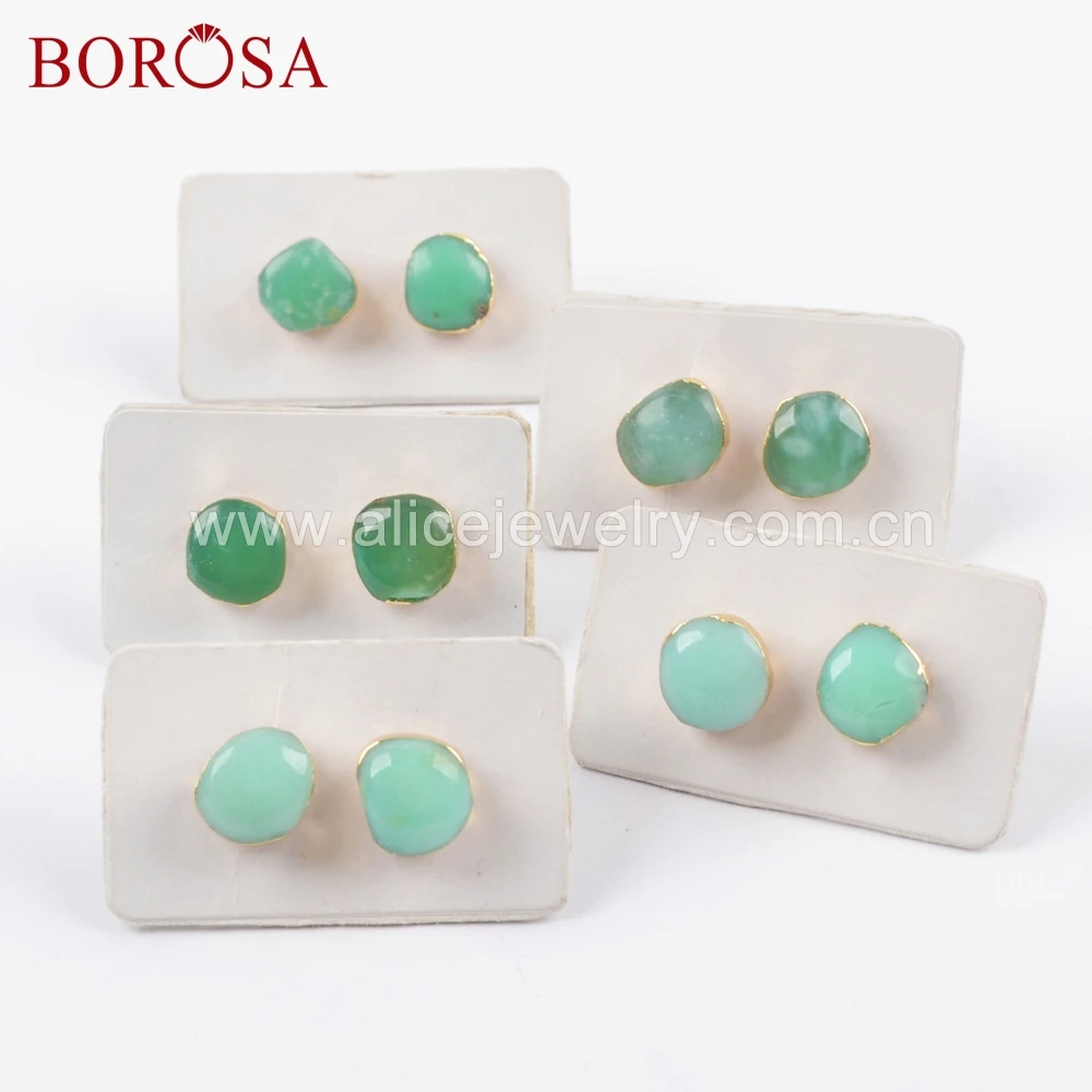 

BOROSA 5Pairs Gold Color Freeform Natural Australian Jades Green Natural Stone Stud Earrings Jewelry for Women Girls G1653