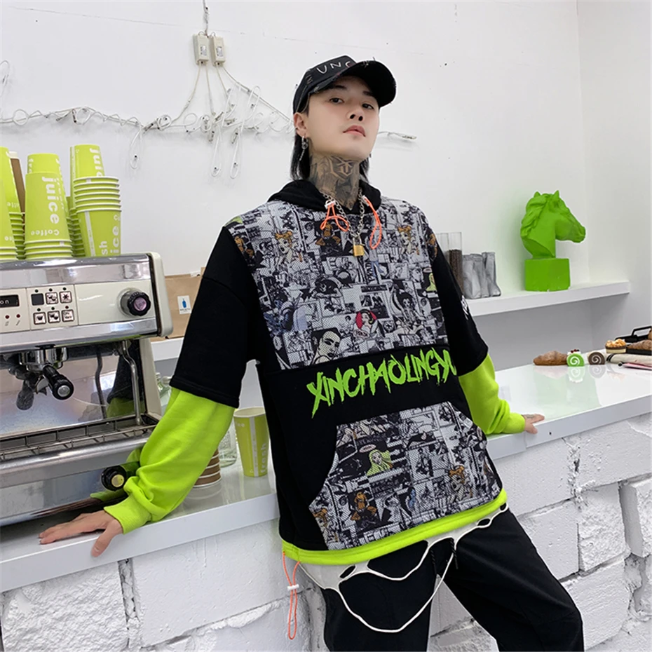Цветные мужские худи в стиле петчворк Harajuku креативный рисунок свитер с капюшоном Мода хип хоп Уличная WG571