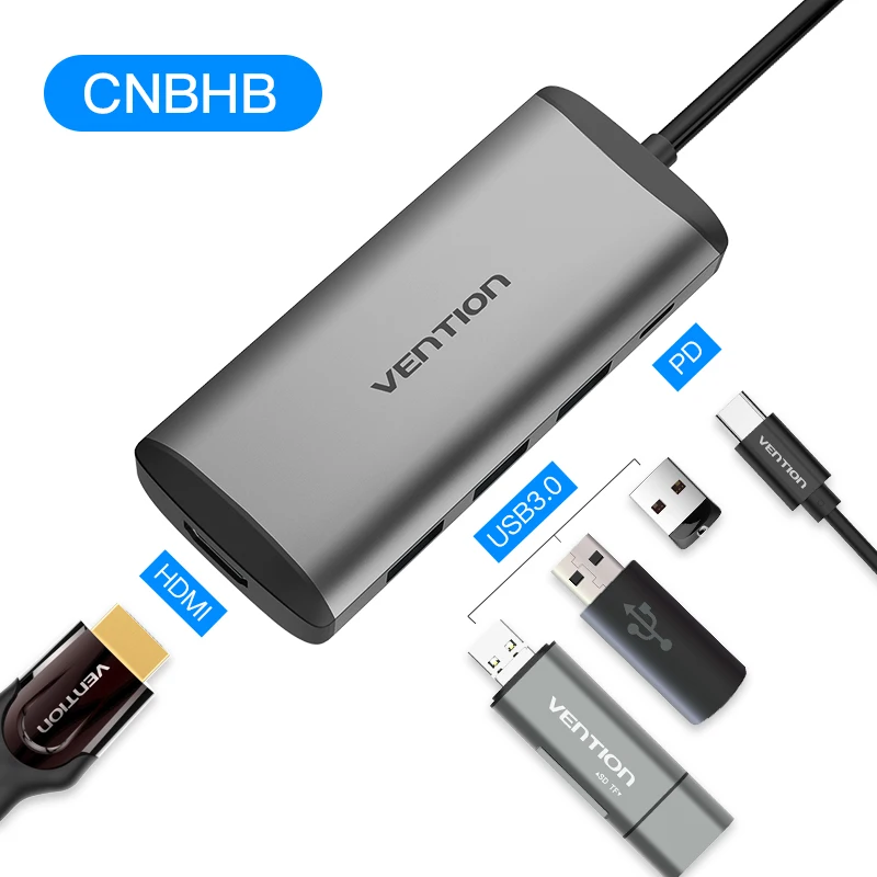 Vention Usb концентратор usb type C к HDMI USB 3,0 концентратор Thunderbolt 3 адаптер для MacBook samsung S9 huawei mate 20 P20 Pro USB-C концентратор - Цвет: Metal gray CNBHB