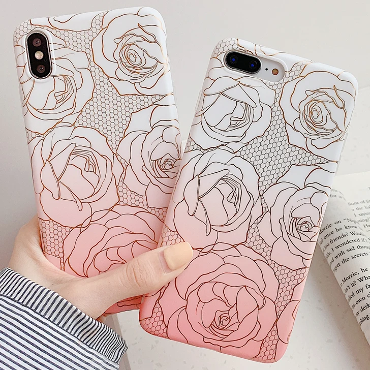 

Gradient rose Pattern Case for iPhone XS MAX XR X Soft TPU Edge Phone Cases for iPhone 7 6 6S 8 Plus Elegant Shell Cover