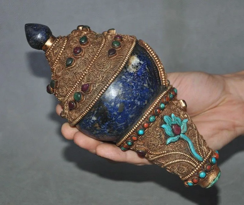 

christmas 8" lapis lazuli Silver Filigree Inlay turquoise Red Coral gem shell Conch Horn halloween
