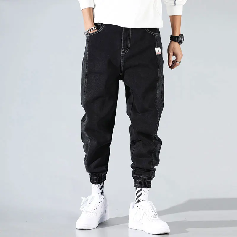 Promotion Japanese Fashion Men Jeans Black Loose Fit Stripe Spliced Designer Cargo Pants Harem Jeans Streetwear Hip Hop Jeans Men Joggers