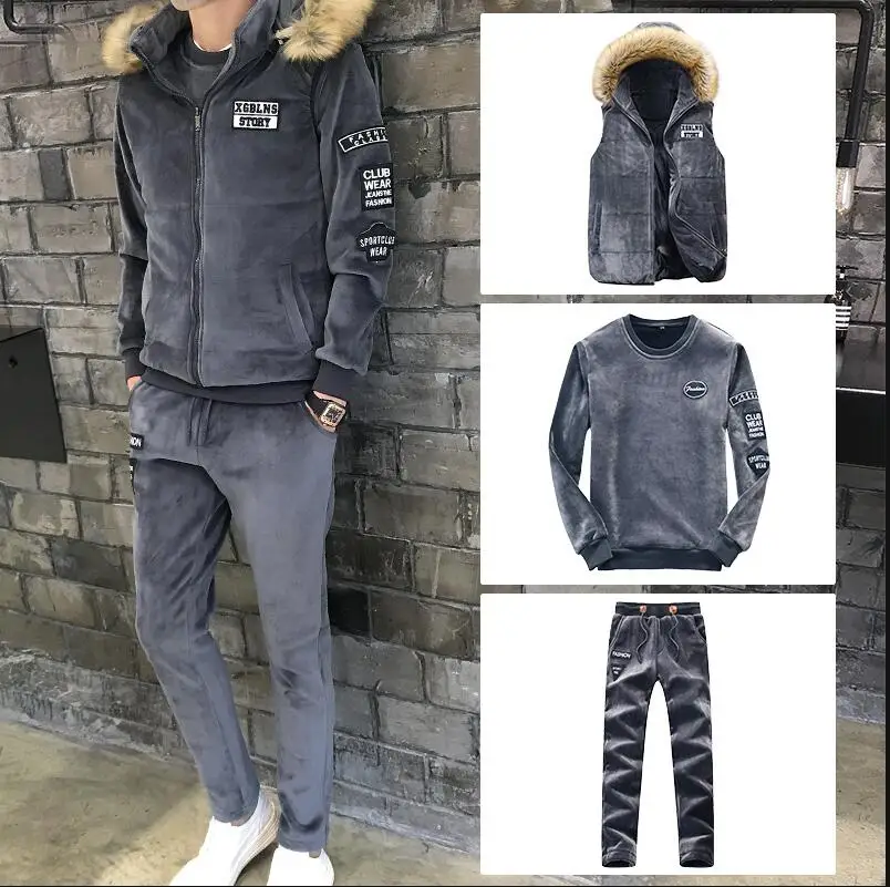 남성용 겨울 운동복, 후드 조끼, 스웻셔츠, 바지, 3 종 세트, 골드 벨벳, 두껍고 따뜻한 스포츠웨어, 조깅 슈트