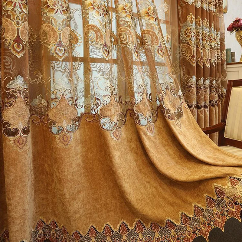 Бежевый полый вышитый оконный занавес s для гостиной Высококачественная шенилловая полузатеняющая штора Европейский королевский домашний декор 112#4