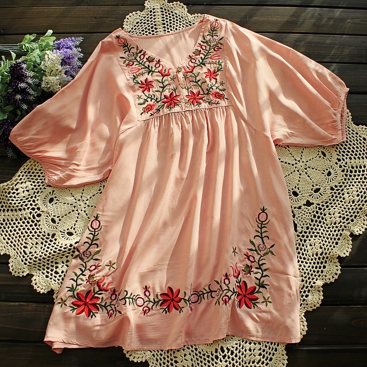 Летняя женская Мексиканская вышитая Цветочная Крестьянская блузка винтажная Этническая туника бохо одежда для хиппи Топы Blusa Feminina - Цвет: Розовый