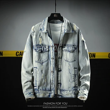 

Men's denim jacket Korea autumn light gray loose single-breasted solid color men's denim jacket trend hole denim jacket male