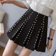 Весна Лето Новая женская мини юбка корейская мода высокая Талия Бисероплетение А-силуэт плиссированные юбки женские элегантные черные Jupe