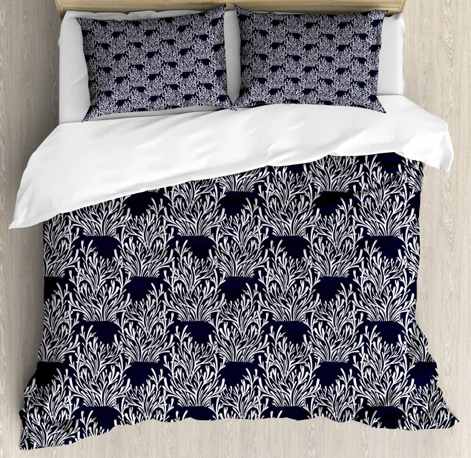 

Botanical Duvet Cover Set Monochrome Tree Branches Plantation Doodle Style Nature Seaweed Decorative 3 Piece Bedding Set