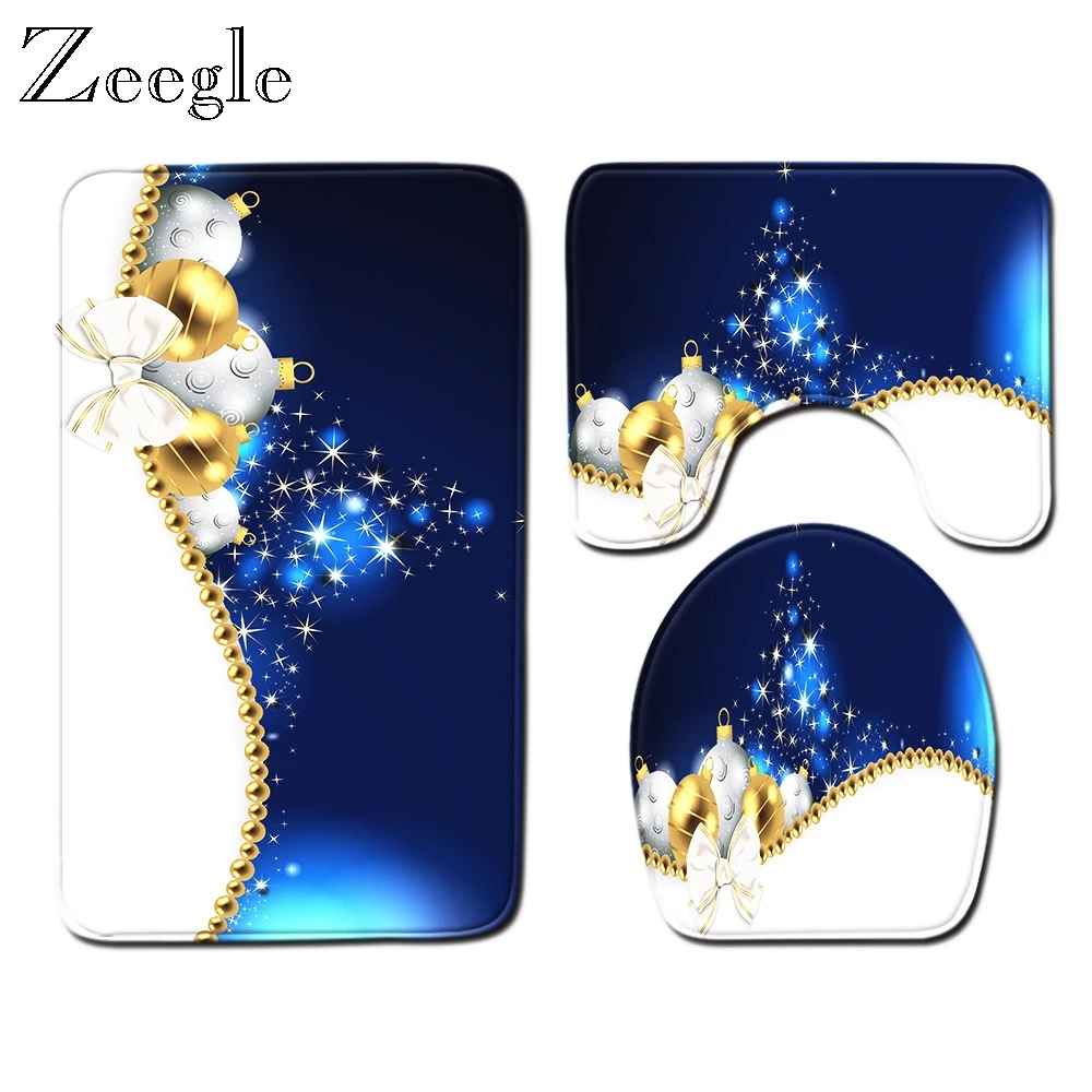 Zeegle Christmas Toilet Seat Cover Mat Bath Mat Suit Anti-Slip Toliet Pedestal Rug Flannel Soft Absorbent Foot Mat Toilet Set