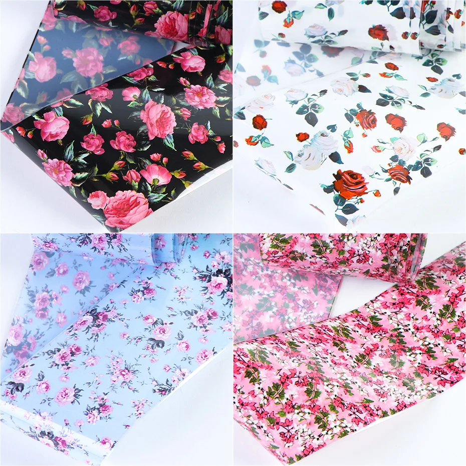 Flower Nail Foils Transfer Decals Wrap Sticker New Design Black Base Manicure Slider (15)