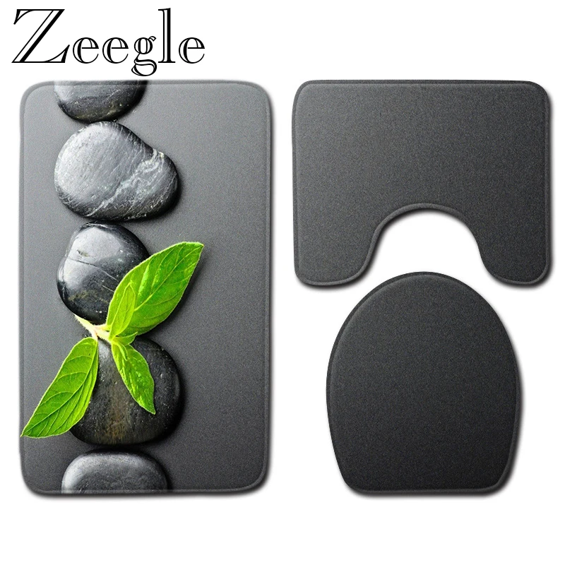 Zeegle 3D Stone Printed Bathroom Carpet Set Anti-slip Toilet Floor Mat Decor Toilet Seat Tank Cover Rug Washable Shower