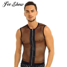 Сексуальные мужские без рукавов прозрачные сетчатые топы на молнии, футболки, вечерние Ночные Клубные костюмы, экзотические танки, облегающие эластичные футболки