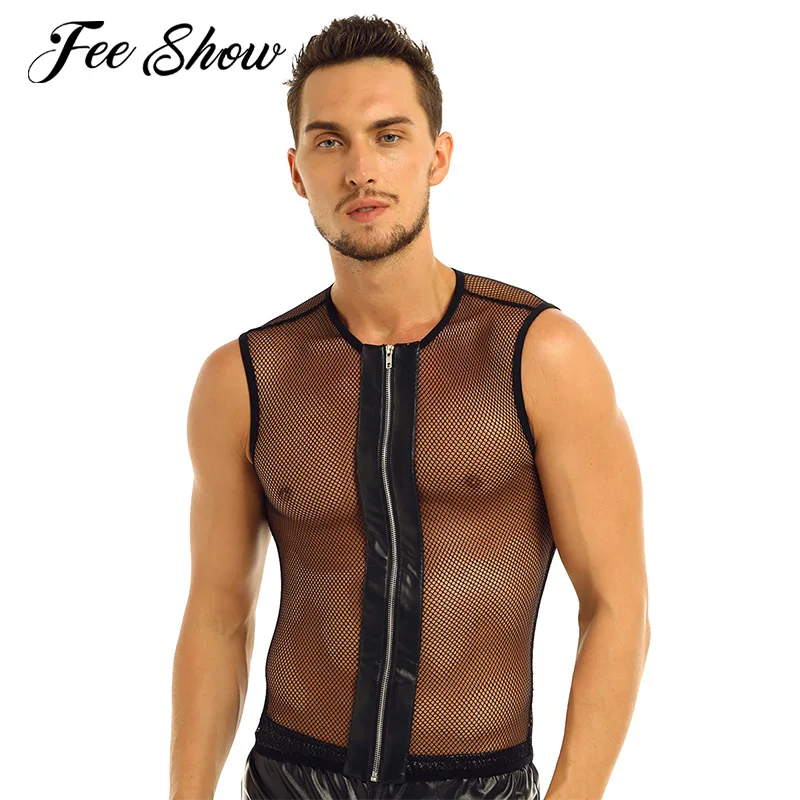 Футболка мужская прозрачная сетчатая без рукавов пикантный топ на молнии
