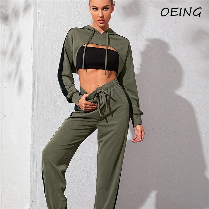 Conjunto de 2 piezas de entrenamiento mujer, deportiva de primavera, Top corto verde militar retales, sudaderas con capucha y pantalones, chándal de ejercicio|Sets de ejercicio y - AliExpress