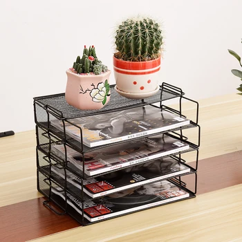 

Desk Storage Rack Painted Metal Bookshelf Wrought Iron Mail Tray Stackable Creative Desktop Book Storage Home Office Supplies