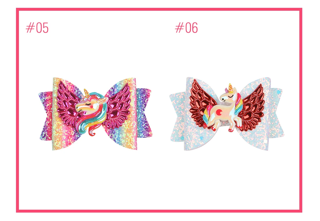 12pcs/lot Children Unicorn Hairpins Girls Glitter Hair Bows Cartoon Wing Fly Kids Hairgrips 3 Inch Rainbow Color Bow Hair Clips