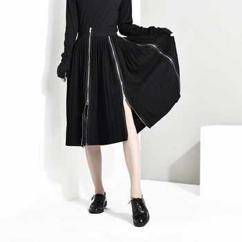 

[EAM] 2020 New Spring Summer High Waist Balck Hem Zipper Split Joint Irregular Half-body Skirt Women Fashion Tide JO2760