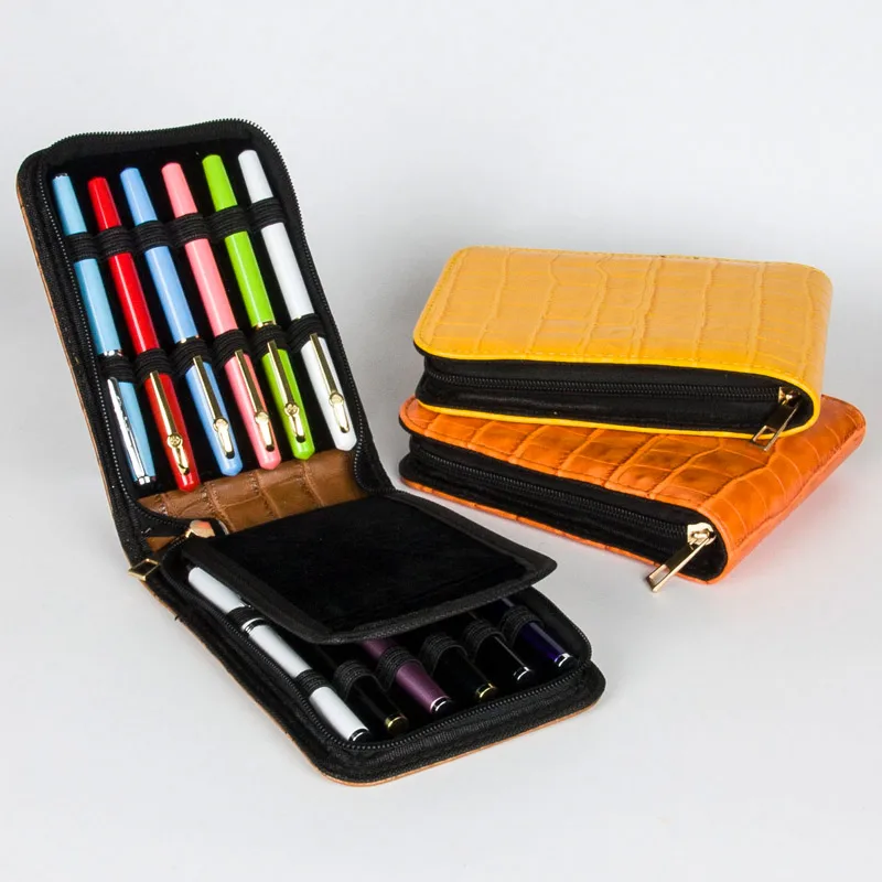 

Crocodile Pen Protective Cover Handmade High Quality Storage Bag Great Black Brown Leather Pencil Case for 12 Fountai Pen Case
