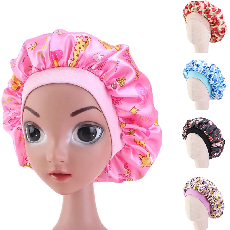 Модная детская сатиновая шапочка с цветочным рисунком для девочек, атласная ночная шапочка для сна, мягкая шапка для ухода за волосами, накидка на голову, бини, Skullies